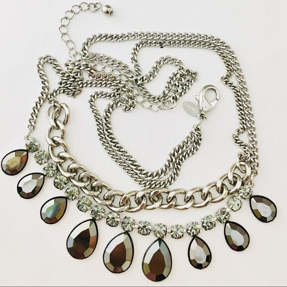 Chico’s Rhinestones Faceted Smokey gray Hametite Cabochon dangle Necklace 1017 - Picture 3 of 4
